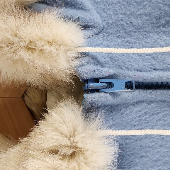 RARE Vintage Hudson's Bay Company 100% pure virgin wool blue coat fur trim MED - Picture 3 of 13